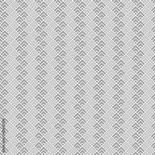Seamless Chinese window tracery pattern design. Repeated black diamonds and angle brackets on white background. Scallop ornament. Image with scales. Ancient japanese scallops motif. Squama. Vector art