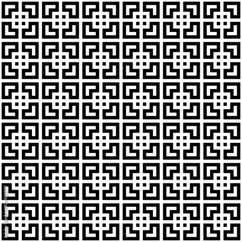 Repeated stylized black squares on white background. Seamless Chinese window tracery pattern. Symmetric geometric abstract wallpaper. Trellis motif. Digital paper, textile print. Vector illustration