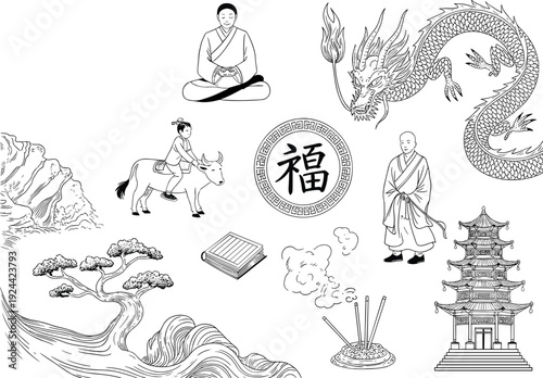 Traditional Chinese culture vector set with dragon pagoda monk meditating bonsai tree and fu character icons for oriental design projects