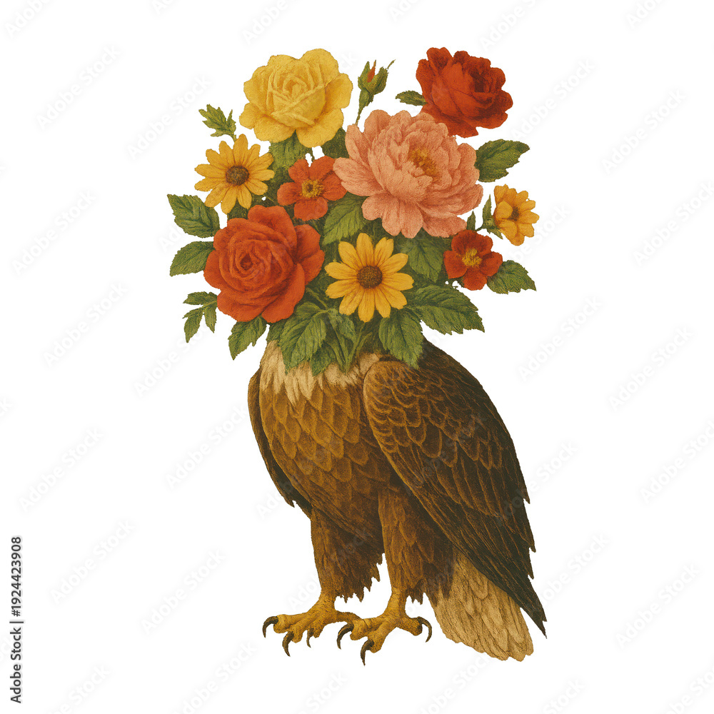 Obraz premium PNG Surreal owl floral bouquet illustration.