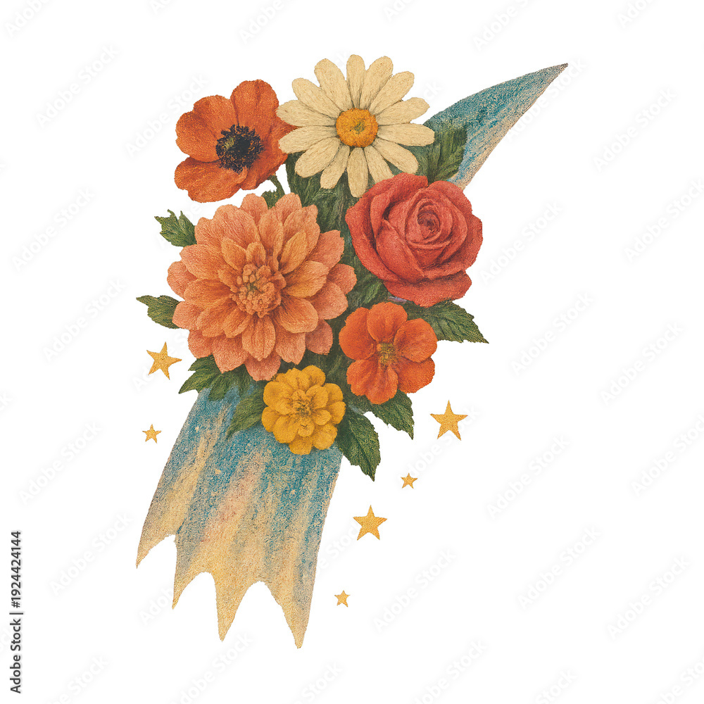 Fototapeta premium PNG Vintage floral cosmic bouquet illustration.