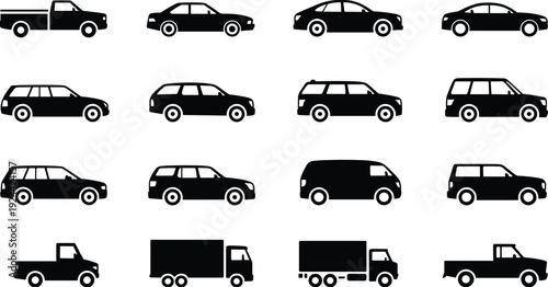 Vehicle silhouettes illustration, sedan SUV truck van outline, automotive design reference, transportation study artwork, diverse car model sketch, profile comparison