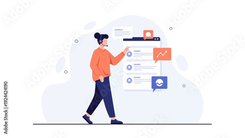 Customer service representative with headset and interface, digital communication concept