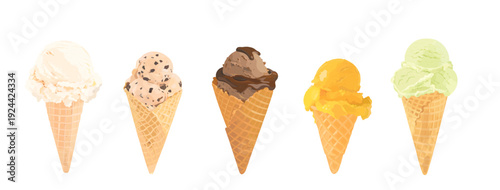 Vector illustration set of cartoon ice cream scoop with different topping in waffle cone. Sweet summer hand drawn dessert isolated on white.