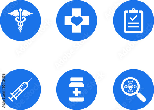 Healthcare Icon Collection in Blue, Vibrant Minimalist Medical Symbols Set including Caduceus, Medical Cross, and Syringe for UI Web Design