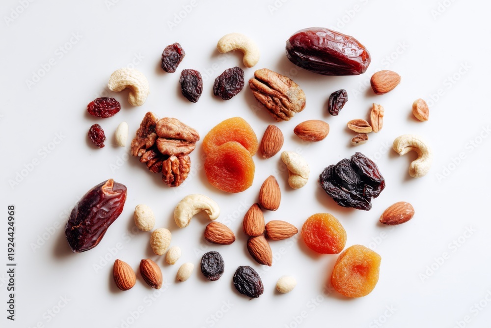 Fototapeta premium Mixed Nuts and Dried Fruits Arranged on a Clean Surface for Healthy Snacking and Cooking Ideas in a Bright Setting Generative AI