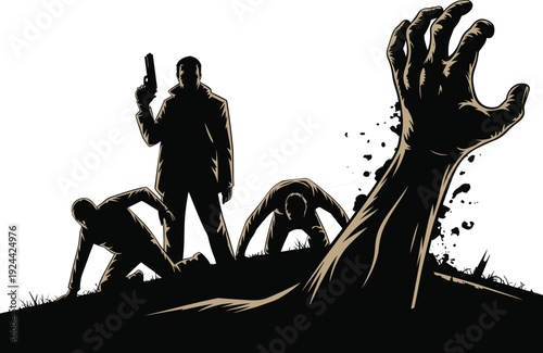 Zombie survival illustration, man with gun artwork, horror apocalypse scene, crawling undead figures, eerie dark atmosphere, supernatural thriller poster design