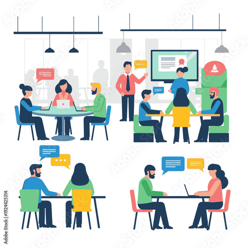 Business strategy and decision making process illustration with people and icons.