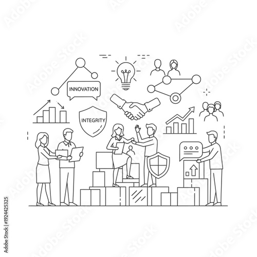 Business strategy and decision making process illustration with people and icons.