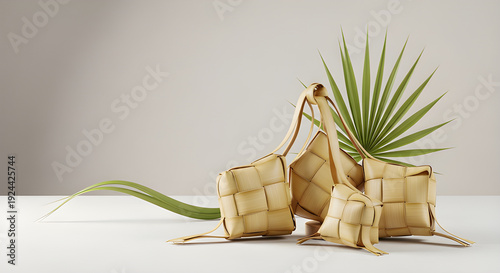 Traditional Ketupat Woven from Young Palm Leaves with Fresh Green Palm Frond, Indonesian Eid al-Fitr Rice Cake Decoration on Minimal Neutral Background with Copy Space