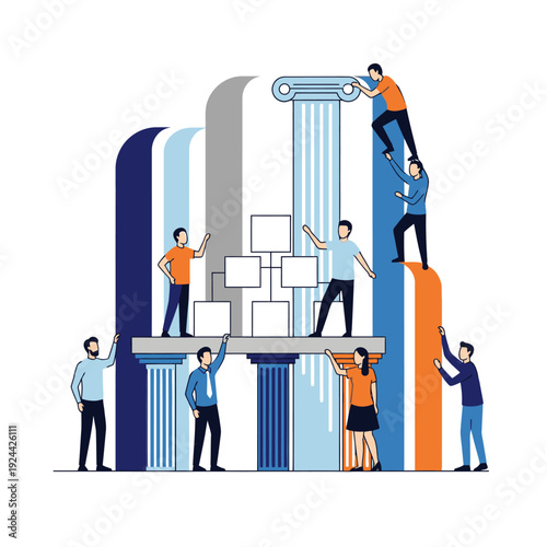 Business strategy and decision making process illustration with people and icons.
