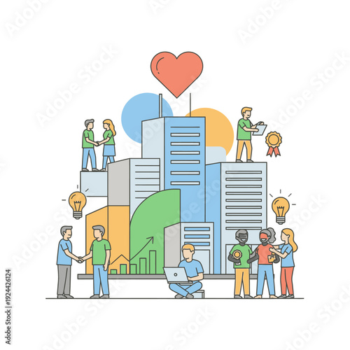 Business strategy and decision making process illustration with people and icons.