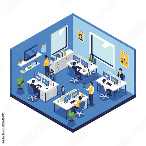 Business strategy and decision making process illustration with people and icons.