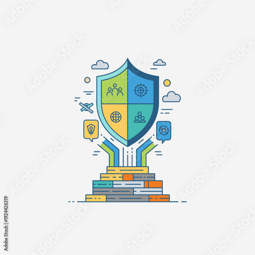 Business strategy and decision making process illustration with people and icons.
