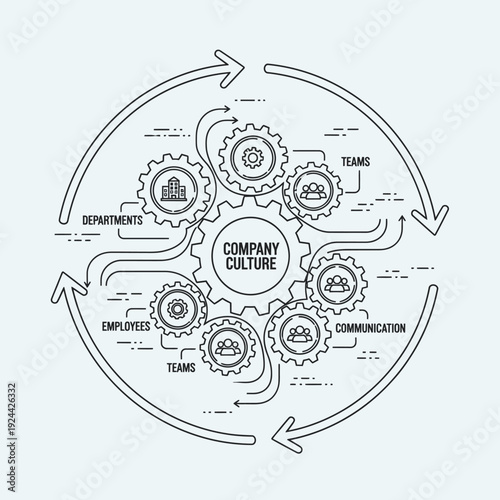 Business strategy and decision making process illustration with people and icons.