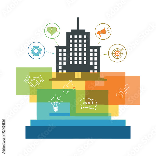 Business strategy and decision making process illustration with people and icons.