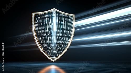Digital shield with glowing lines on dark background