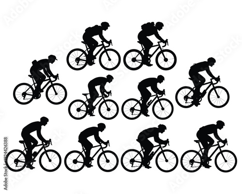 Bike rider silhouette collection, cyclist figures, urban and outdoor commuting, road and city bikes, backpack riders, cycling vector illustration set.