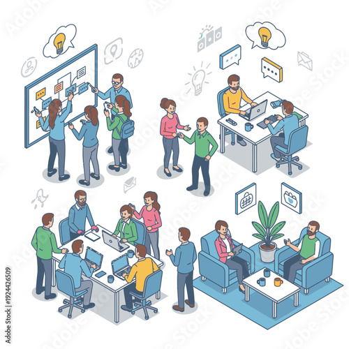 Business strategy and decision making process illustration with people and icons.