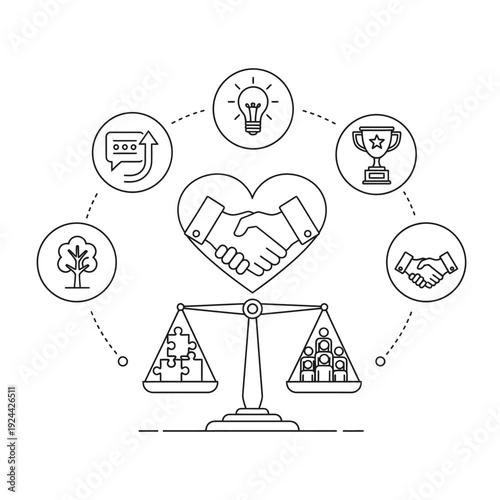Business strategy and decision making process illustration with people and icons.