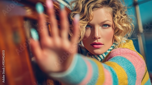 Golden Gaze: A captivating woman with radiant blonde curls, framed by a soft, ethereal light, extends a hand, inviting the viewer into a moment of pure grace.