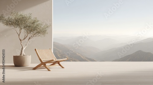 Serene Balcony Retreat: A tranquil balcony setting showcases a wooden chair and potted olive tree, overlooking a scenic mountain vista, embodying peace and escape.