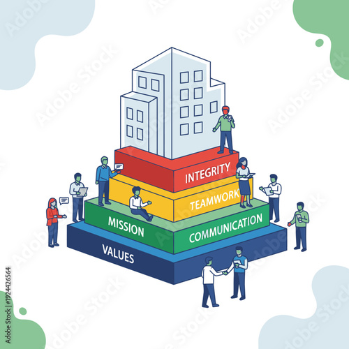Business strategy and decision making process illustration with people and icons.