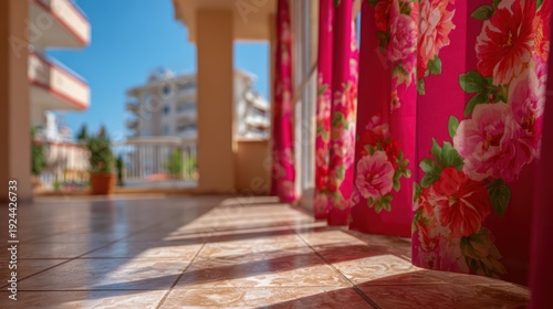 Vibrant Curtain in Sunny Porch: Warm sunlight streams through a patterned curtain, casting inviting shadows on a tiled floor. The outdoor background features a building and a potted plant.