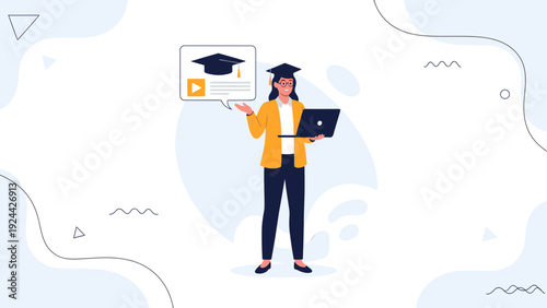 Online Education Concept: Woman with Laptop and Graduation Cap