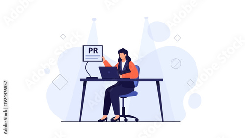 PR Professional Working at Desk with Laptop and PR Screen