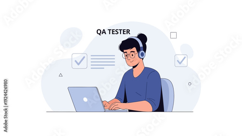 QA Tester Working on Laptop with Headphones, Software Testing Concept