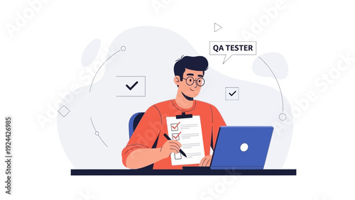 QA Tester Working on Laptop with Checklist, Software Testing Concept