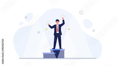 Successful businessman celebrating victory on a winner's podium, achievement concept