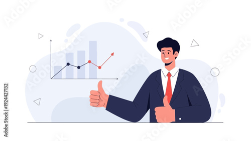 Successful businessman giving thumbs up with growing business chart