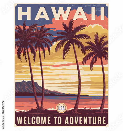 retro style travel poster or sticker, united states hawaii sunset and palm trees illustration, vintage tropical vacation design with ocean scenery and nostalgic tourism artwork concept.