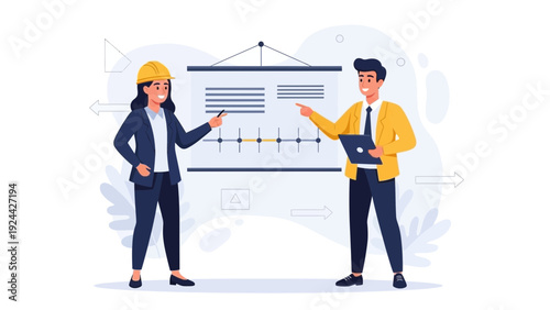 Teamwork presentation: engineer and businessman discussing project at whiteboard