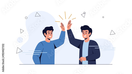 Two happy men giving high five, teamwork success, celebration, friendship, flat illustration