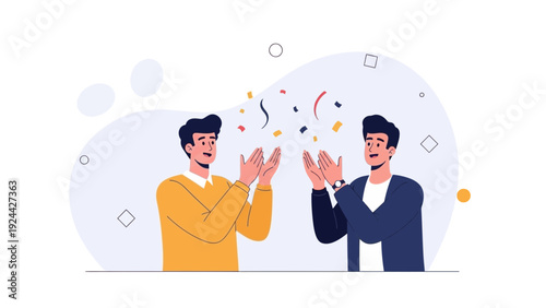 Two men clapping hands, confetti falling, celebration, success, teamwork, flat design