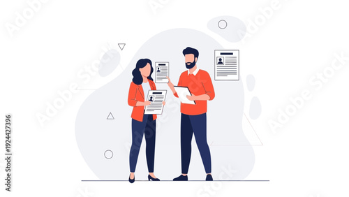 Two recruiters reviewing resumes, job application, recruitment process concept