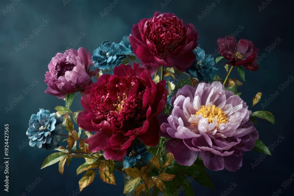 Obraz premium Vibrant Peony Bouquet Against Dark Teal Background