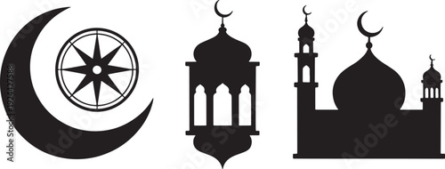 Black and white of crescent moon compass star lantern and mosque with domes and minarets