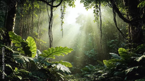 Sunlight streaming through lush green foliage in a vibrant tropical jungle, creating a magical and serene natural landscape.