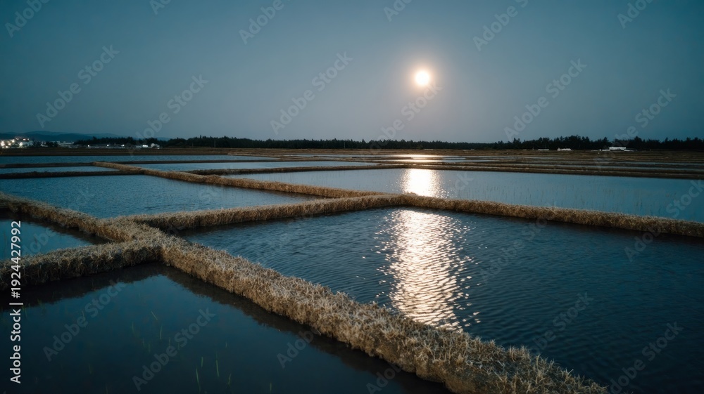 Fototapeta premium Full moon reflecting over serene rice paddies at night