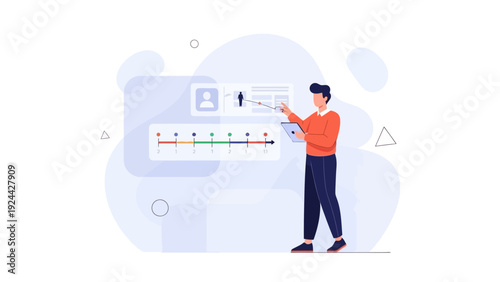 Man analyzing data on digital timeline interface, career progress, business analytics
