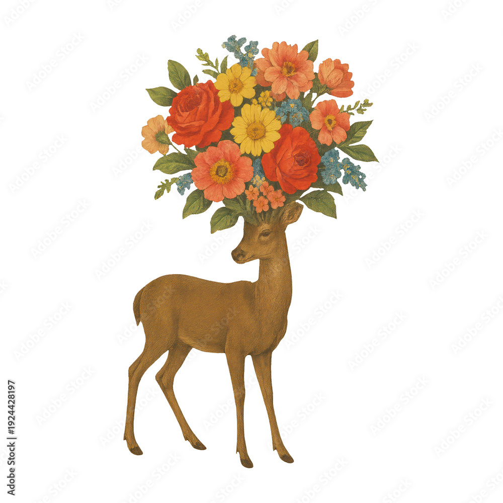 Obraz premium PNG Deer with vibrant floral antlers.