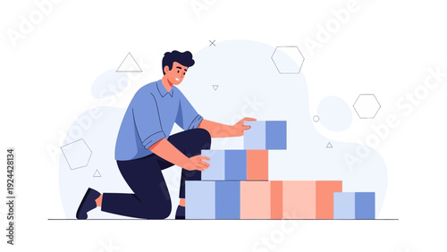 Man Building Blocks Strategy Planning Business Growth Concept