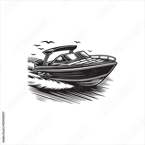 A black and white vector illustration of a speedboat in motion on water with seagulls flying overhead against a clean white background.