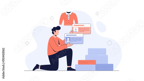 Man building profile, cv resume and personal card, professional development concept