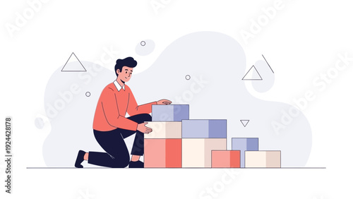 Man building steps with blocks, progress and achievement concept, flat design illustration