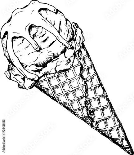 Black and white line art illustration of ice cream cone with scoops and syrup topping. Hand drawn dessert graphic for menu design, packaging, cafe branding, stickers and food themed prints.